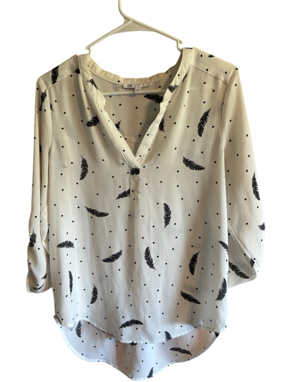 Light Ivory Sheer Boho Feather Print V-Neck Blouse